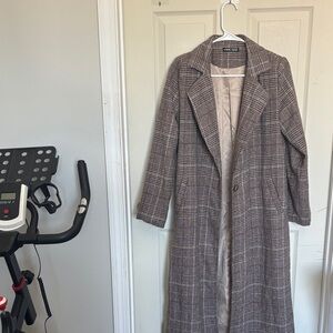 SHEIN Brown Plaid Long Blazer Coat